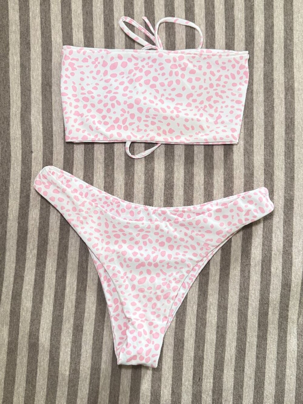 Zaful Pink Printed Lace-Up Bandeau Bikini Set | Size Small